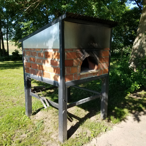 Pizza oven, welded steel and 1850's era brick salvaged from a collapsed summer kitchen chimney